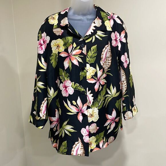 NWOT Silkland Hawaiian Button Down Blouse. Size 1X 18/20 plus 100% silk - Picture 1 of 9